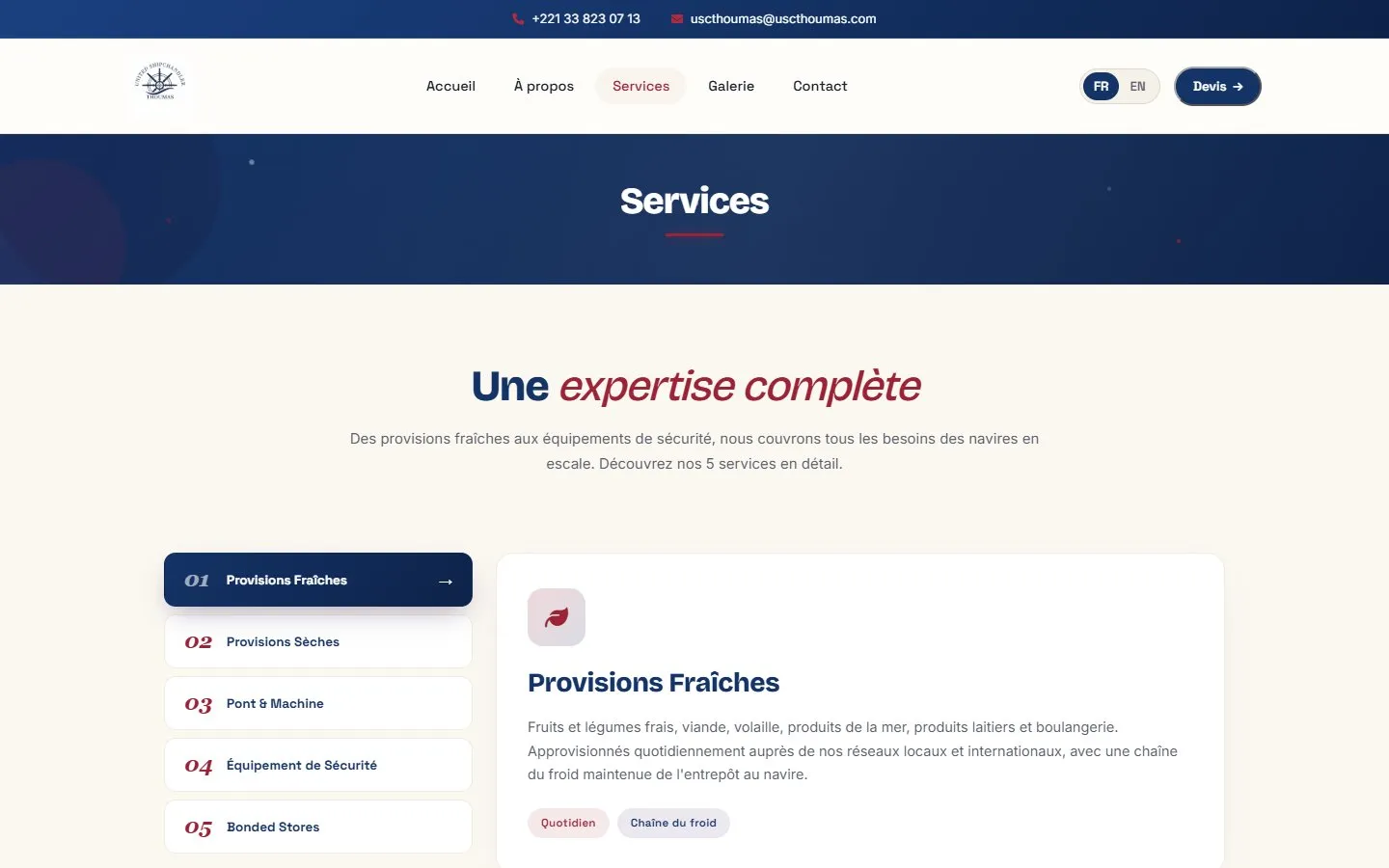 Page Services, avec les cinq familles de produits
